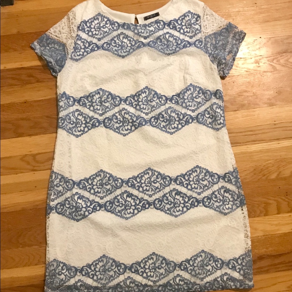 White and blue lace shift dress